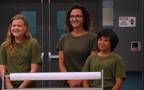 Christine with two students on Disney+ Shop Class set